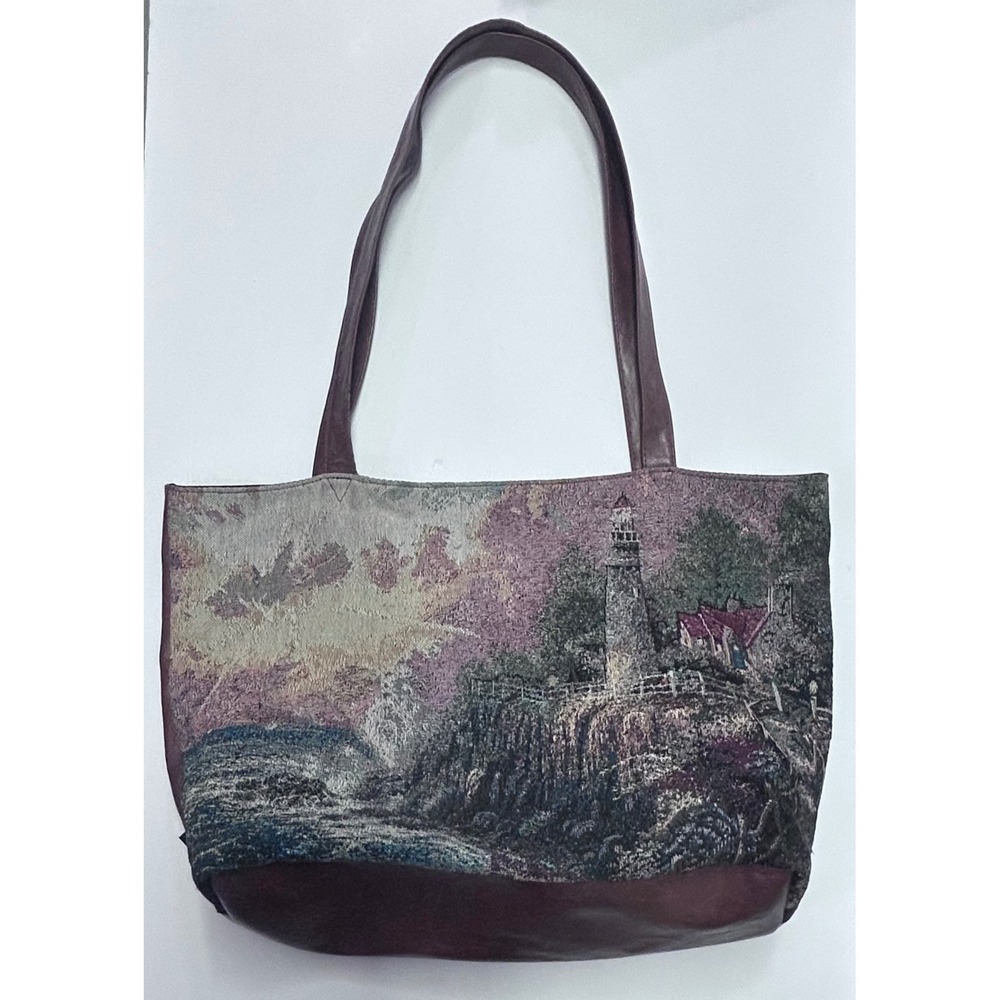 Thomas Kinkade Geoff Giles Tapestry Tote Bag Lighthouse Scenic Leather VTG